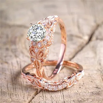 2 Ks/Sada Crystal Prsten Šperky Rose Gold Barva Snubní Prsteny Pro Ženy, Dívky Dárek, Zásnubní Snubní Prsten Sada