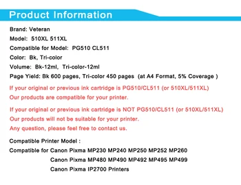 Veterán PG510 CL511 Náhrada za Canon 510XL 511XL Inkoustové Kazety Pixma IP2700 MP240 MP250 MP260 MP280 MP480