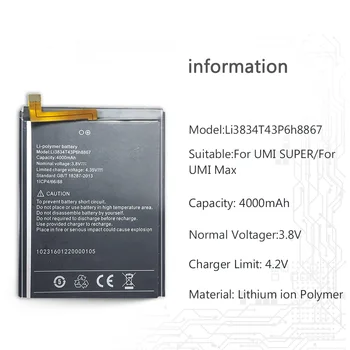 Li3834T43P6h8867 Mobilní Telefon Náhradní Baterie 4000mAh Pro UMI SUPER/Pro UMI Max