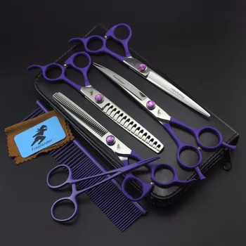 7 Professional pet grooming kit přímého a řídnoucí nůžky a zakřivené kusy 4 kusy,Fialové rovnou rukojetí