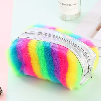 Plyšové Školní penál Barevné Rainbow Pero Box pro Dívky Pencilcase Velké Kazety Flitr Make-up Trestního Vak Psací potřeby Sáček