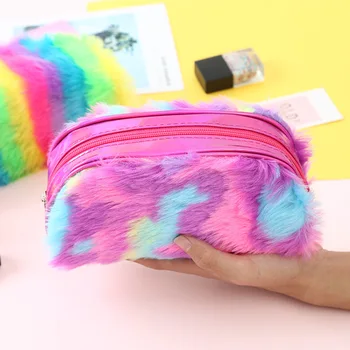 Plyšové Školní penál Barevné Rainbow Pero Box pro Dívky Pencilcase Velké Kazety Flitr Make-up Trestního Vak Psací potřeby Sáček