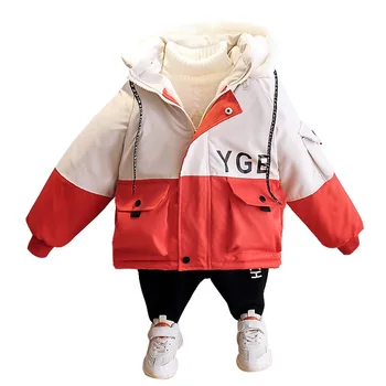 Chlapec je bavlněná bunda 2020 zimě nový korejský dětské šití písmeno velké kapsy, prošívaná bunda s Kapucí panel trenčkot