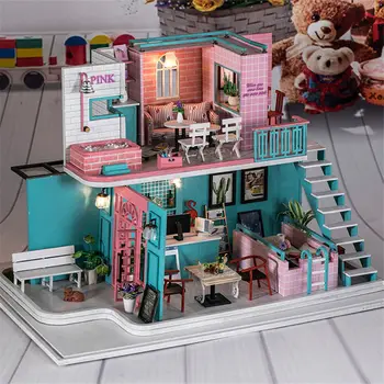 Růžová kavárna velká panenka dům 1:12 víno s led světlem bazén dřevěné miniaturní diy domeček pro panenky, soupravy speelgoed voor kinderen