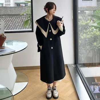 Vlna Ženy Patchwork Loose Casual Plus Velikosti Elegantní Office Lady Módní Oversize Jediného Breasted Korejský Styl Dlouhé Kabáty Svrchní Oděv