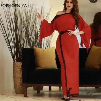 Nové Příjezdu Spandex Red Dlouhý rukáv večerní šaty Ženy party večer Černé okraje Županu večírek v dubaji Muslimské večerní šaty 2021