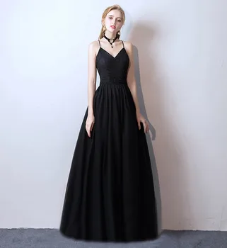 Nové Jednoduché Černé Večerní Šaty Čaj Délka Sexy V neck Špagety Popruhy Formální Maturitní Šaty Formální Šaty Ženy Robe De Soriee