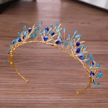 Svatební Čelenky, Korunky Princezna Hairbands Blue Forest Design Luxusní Crystal Vlasové Doplňky Pro Ženy, Svatební Zlato-barevné Šperky