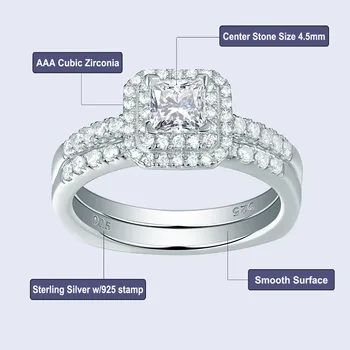 Newshe 2 Ks Halo Snubní Prsten Sada Bílá Princezna Vyjmout AAA CZ 925 Mincovní Stříbro Zásnubní Prsteny Pro Ženy, Dárek Šperky 1R0057