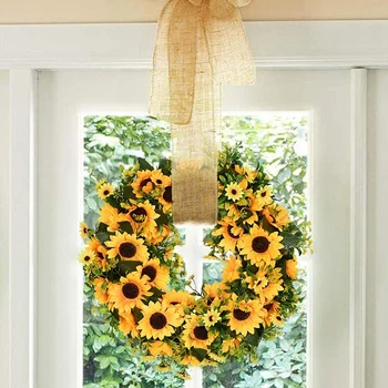 Nejnovější Umělé Slunečnice Letní Věnec-16 Inch Dekorativní Falešné Květina Věnec S Žluté Slunečnice A Zelené Listy Pro Přední