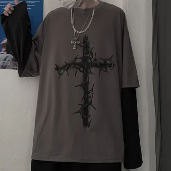 Šedý Kříž Tričko Streetwear Muži Japonský Punk Nadrozměrné T Shirt Legrační Ležérní Podzim Pár Harajuku Falešné Dva Kus Tričko