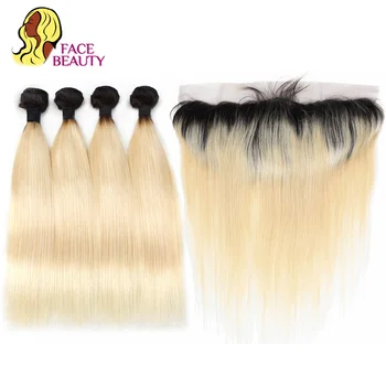 Facebeauty 1B, 613 Tmavě Root Blond Ombre Brazilské Remy Rovné Vlasy 3/4 Balíčku s 13x4 Krajka Čelní Uzavření Zdarma a Střední Část