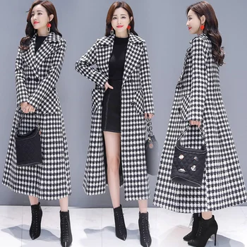 Vlněný Kabát Ženy Plus Velikost Houndstooth 2020 Podzim Zima Nový korejský Slim Zahuštěný Pod Kolena Mříž Ženy Bunda 51M