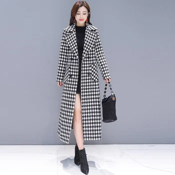 Vlněný Kabát Ženy Plus Velikost Houndstooth 2020 Podzim Zima Nový korejský Slim Zahuštěný Pod Kolena Mříž Ženy Bunda 51M