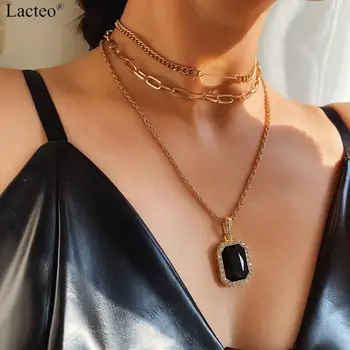 Lacteo Vintage Black Crystal Přívěsek Náhrdelník Šperky pro Ženy 2020 Módní Sexy Zlaté 3Multi Vrstvený náhrdelník Náhrdelník Klíční kost
