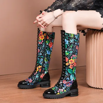 MORAZORA 2020 zimě udržovat teplé kolena vysoké boty med podpatky kolo toe boty žena móda květiny, originální kožené boty ženy