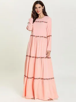 2020 Podzim Muslimské Ženy Dlouhé Šaty Výšivky Dubaj Muslimské Růžové Šaty O-Neck Šaty Arabský Župan Marocké Kaftan 7783