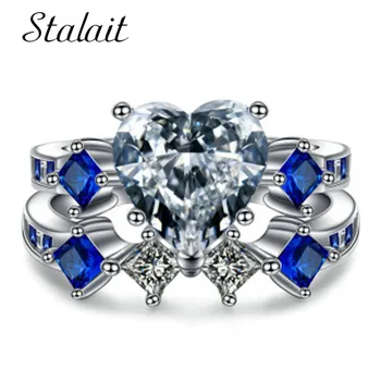 Starožitný Srdce Crystal Šperky Zirkon Modrá Cz Svatební Kapela Prsten pro Ženy Bílé Zlato Naplněné Ženské Prst prsten