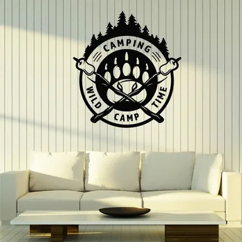 Camping Logo Zeď Obtisk Divoký Tábor Lese Paw Print Art Mural Dospívající Chlapci Pokoj Dekor Dobrodružství Turistické Vinylové Samolepky Q008