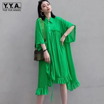 2020 Letní Módní Zelená Šaty Střední-Tele Streetwear Volné Tričko Skládaný Šaty Ženy Černé Krátký Rukáv Svetr-Line Šaty
