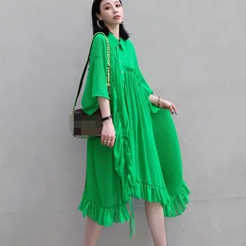 2020 Letní Módní Zelená Šaty Střední-Tele Streetwear Volné Tričko Skládaný Šaty Ženy Černé Krátký Rukáv Svetr-Line Šaty