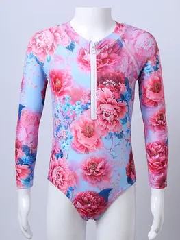 100-160 Dětské dívčí jednodílné Plavky Dlouhý Rukáv Květinové Tisk Vzor Trikot Plavky Monokini Plavky Plážové oblečení