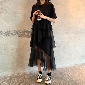 Dámské Šaty Letní korejský Splétání Skládaný Tylu T košile Šaty Ženy Velké Velikosti Černá Šedá Barva Oblečení Šaty Módní 2020