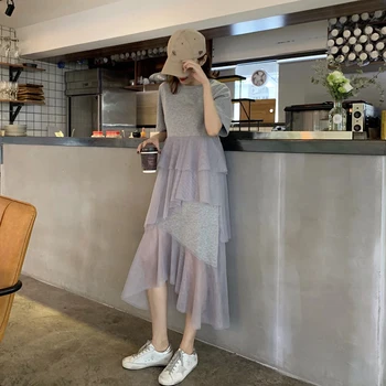 Dámské Šaty Letní korejský Splétání Skládaný Tylu T košile Šaty Ženy Velké Velikosti Černá Šedá Barva Oblečení Šaty Módní 2020