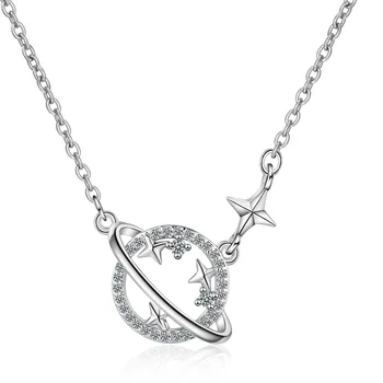 Kubické Zirkony Planeta, Hvězda, Saturn Přívěsek Náhrdelník Pro Ženy 925 Sterling Silver Jednoduchý Krátký Klíční Kost Řetěz Módní Šperky