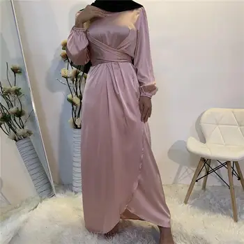 2021 Nové Muslimské Šaty Hot prodej Design Abaya Oblečení Pro Ženy Skromný Módní Tie Pás Saténové Šaty Turecka na Blízkém Východě