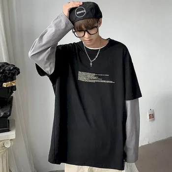 Bavlněné podzimní falešné dvoudílné pánské s dlouhými rukávy t-shirt mužské studenty korejský styl módní volné oblečení ins mládež pánské oblečení