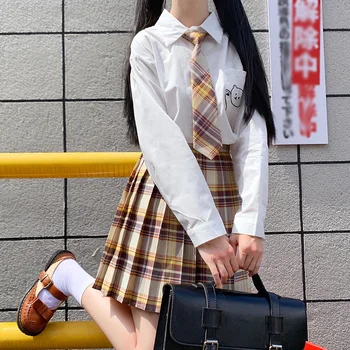 Japonské Dívky Jaro Podzim Dlouhý Rukáv Bílé Tričko a Vysokým Pasem Plaid Skládaná Sukně Žen JK Školní Uniformy Studentů Utěrky