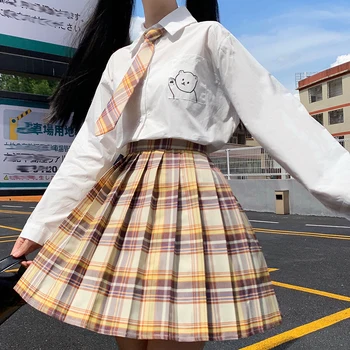Japonské Dívky Jaro Podzim Dlouhý Rukáv Bílé Tričko a Vysokým Pasem Plaid Skládaná Sukně Žen JK Školní Uniformy Studentů Utěrky