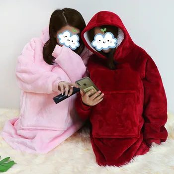 Zimní Deka Ženy Fleece TV Deky S Rukávy, Oversized Mikina s kapucí Sweatershirt Sherpa Mikina Teplé Kabáty cobertor