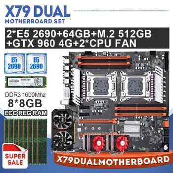 X79 Dual CPU deska s 2× E5 2690 a 8×8GB=64GB 1600MHz DDR3 ECC REG Paměti a 512G M. 2 SSD 2*CPU Fan a GTX960 4G GPU