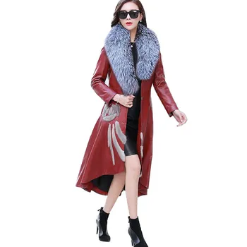 Ženy PU Kožená Bunda Pro Podzim Zima Roku 2020 Nové Slim Velký Kožešinový Límec Dlouhý Kožený Kabát Ženské Oblečení Plus Velikost