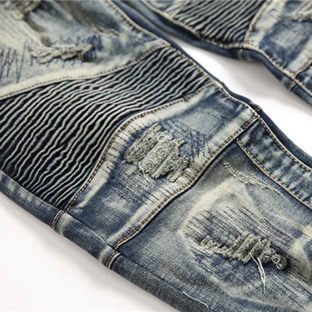 Sokotoo Pánské díry patchwork modré retro motorkářské džíny motocykl Slim straight roztrhl stretch denim kalhoty