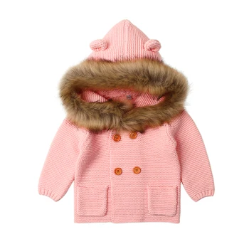 Dětské Pletené Zimní Svetr Podzim Podzim Svetr Oblečení Odnímatelný Fur Hoody Novorozence Chlapci Dívky Pletené Růžové Dlouhý Rukáv Děti