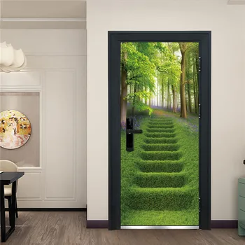 Tisk Art Obraz 3D Dveře, Samolepky DIY Zvířat, Zelené Rostliny Tapety Home Dekor Obtisky Samolepící Vodotěsná Nástěnná malba Pro Ložnice