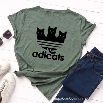 Kreslená Trička Black Cat T-shirt Ženy Harajuku Velké Velikosti Krátké Rukávy Tričko Ležérní Letní Nadrozměrné Zvíře Tisk Základní T Shirt