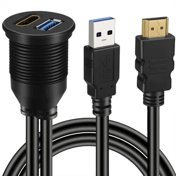 USB 3.0 A HDMI na HDMI + USB3.0 AUX Rozšíření Dash Panel Vodotěsné Auto Flush Přípojný Kabel Pro Auto, Člun a Motocykl - 3ft