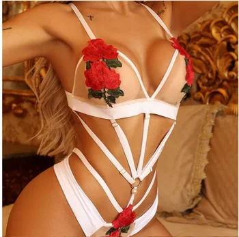 2021 Ženy Kombinézu Spodní Prádlo Krajka Růže Květinové Výšivky Vzor Print Vydlabat Slim Fit Viz-Prostřednictvím Sexy Oblečení Na Spaní Spodní Prádlo