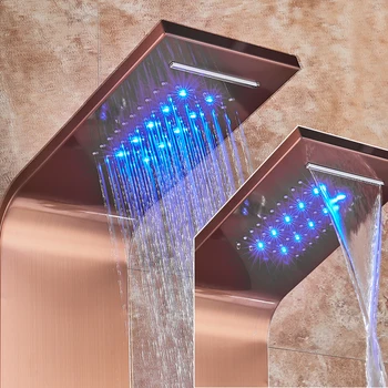 LED Světlo Vana Sprchový Systém Sprchový Sloup Rose Zlatý Déšť Vodopád Sprchový Panel 3 Rukojeti s Ruční Masážní Trysky Hubice