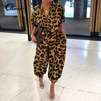 Celmia Vintage Ženy Kombinézy Krátký Rukáv Sexy Leopard Tisk Letní Šaty Ležérní Volné Tlačítko Cargo Kalhoty Plus Velikost Celková 7