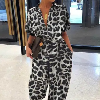 Celmia Vintage Ženy Kombinézy Krátký Rukáv Sexy Leopard Tisk Letní Šaty Ležérní Volné Tlačítko Cargo Kalhoty Plus Velikost Celková 7