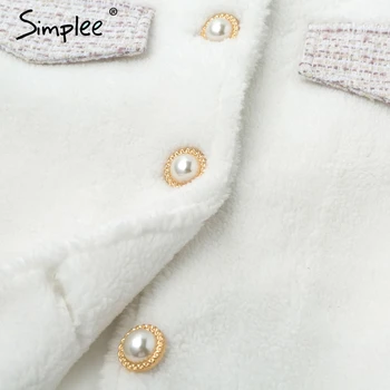 Simplee Elegantní perlové knoflíky, umělé kožešiny kabát ženy Patchwork tweed kapsy podzim zimní teplé kabáty Milé dámy krátké bílé bundy