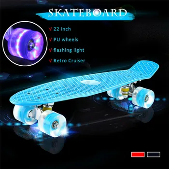 22 Palců Čtyři kola Mini Longboard Skateboard Pastelové 3 Barvy Skate Deska Skateboard s LED Blikající Kola Retro Skateboard