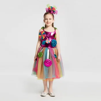 Rainbow Candy Šaty Dívky Sladký Kostým na Karneval, Narozeniny, Děti Lízátko Květinové Tutu Šaty s Čelenkou Roztomilý Fantazie Oblečení