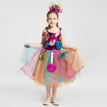 Rainbow Candy Šaty Dívky Sladký Kostým na Karneval, Narozeniny, Děti Lízátko Květinové Tutu Šaty s Čelenkou Roztomilý Fantazie Oblečení