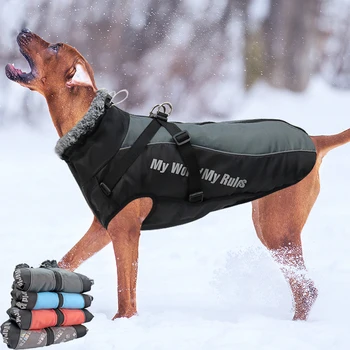 Vodotěsné Velký Pes Oblečení Zimní Srst Psa S Postrojem Kožešinový Límec Teplé Pet Oblečení Velký Pes Kabát Labrador, Bulldog Kostým